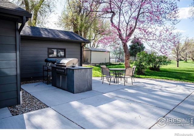 view of patio / terrace with exterior kitchen, an outbuilding, a shed, and outdoor dining space