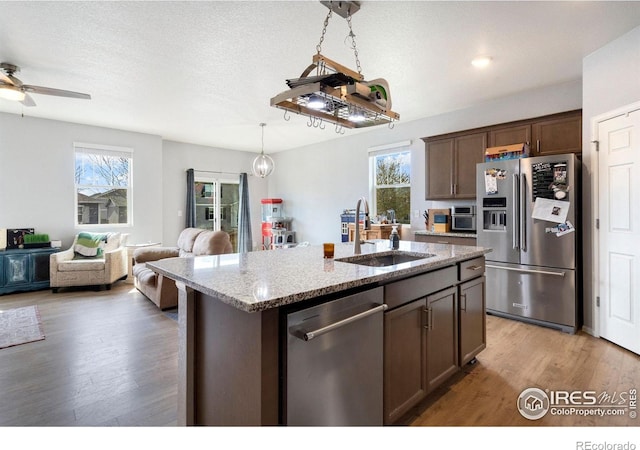 2000 Rose Petal Dr, Windsor, CO 80550 - kitchen with appliances with stainless steel finishes, a sink, healthy amount of natural light, light stone counters, and a textured ceiling