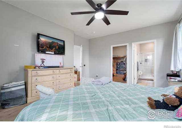2000 Rose Petal Dr, Windsor, CO 80550 - bedroom with wood finished floors, a walk in closet, connected bathroom, and ceiling fan