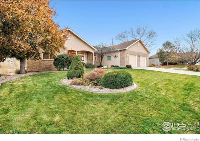 ranch-style home with concrete driveway, brick siding, and a front yard