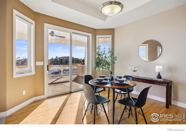 dining room featuring light wood-style floors, baseboards, and a healthy amount of sunlight
