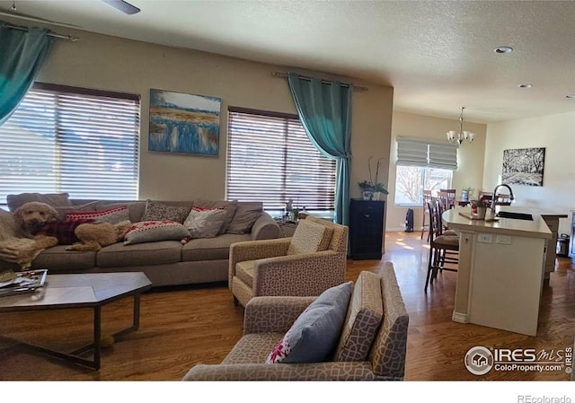 living room featuring a chandelier, wood finished floors, and a textured ceiling