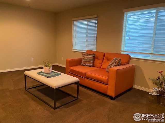 carpeted living area featuring baseboards and plenty of natural light