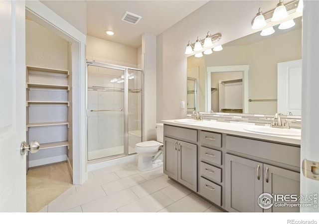 2751 Iowa Dr Unit 305, Fort Collins, CO 80525 - full bath with a shower stall, double vanity, toilet, tile patterned flooring, and decorative backsplash