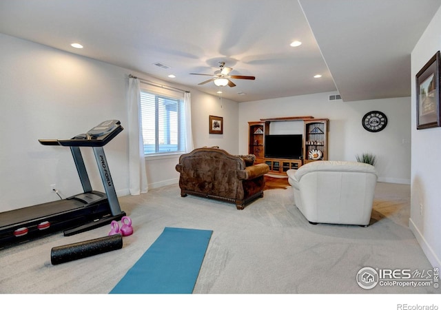 workout room with baseboards, ceiling fan, carpet, and recessed lighting