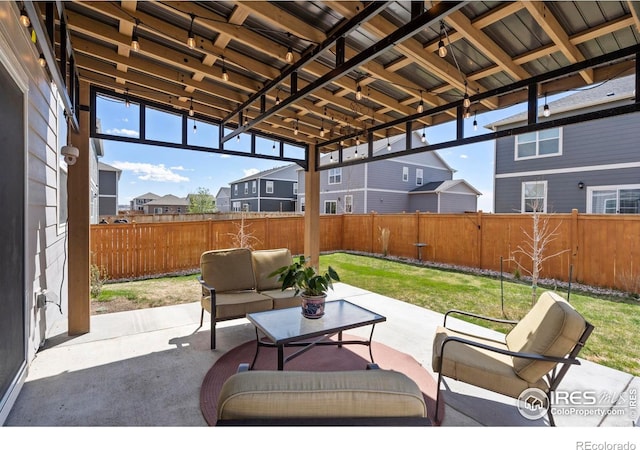 3759 Catmint St, Wellington, CO 80549 - view of patio with a fenced backyard, a residential view, and an outdoor hangout area