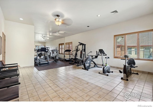 4560 Larkbunting Dr Unit 2B, Fort Collins, CO 80526 - exercise room with light tile patterned floors, ceiling fan, and recessed lighting