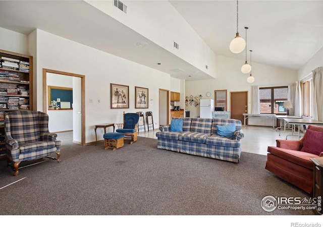 4560 Larkbunting Dr Unit 2B, Fort Collins, CO 80526 - carpeted living area featuring high vaulted ceiling