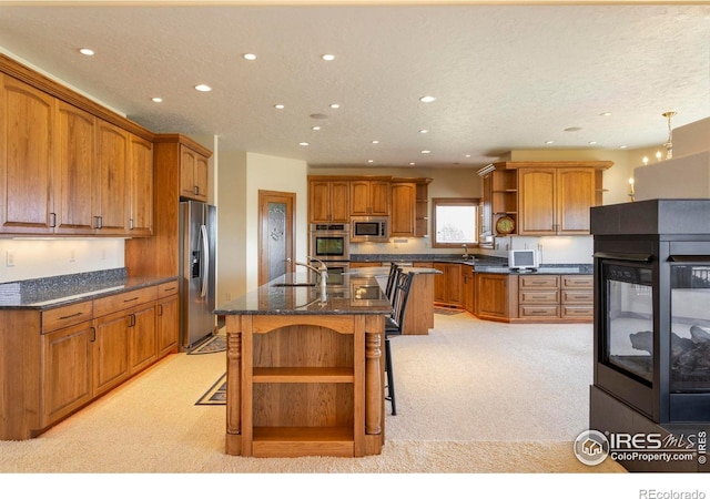 kitchen with open shelves, stainless steel appliances, recessed lighting, and light colored carpet