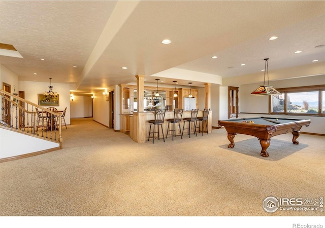 game room featuring billiards, baseboards, carpet, indoor bar, and recessed lighting