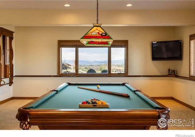 recreation room featuring baseboards, carpet, and pool table