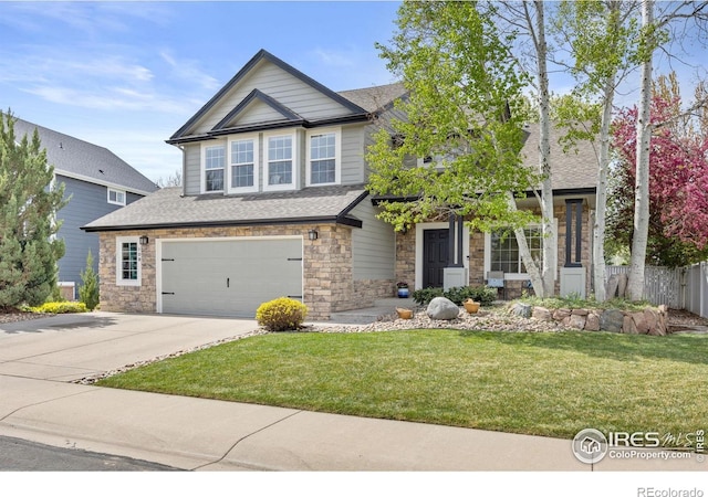 109 Whitney Ct, Windsor, CO 80550 - craftsman house with driveway, a garage, a shingled roof, and stone siding