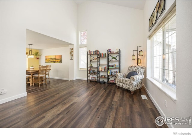 109 Whitney Ct, Windsor, CO 80550 - living area with dark wood-type flooring, a high ceiling, and baseboards