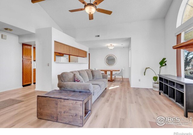 5035 W 73rd Ave, Westminster, CO 80030 - living room featuring a ceiling fan, baseboards, visible vents, high vaulted ceiling, and light wood-style floors
