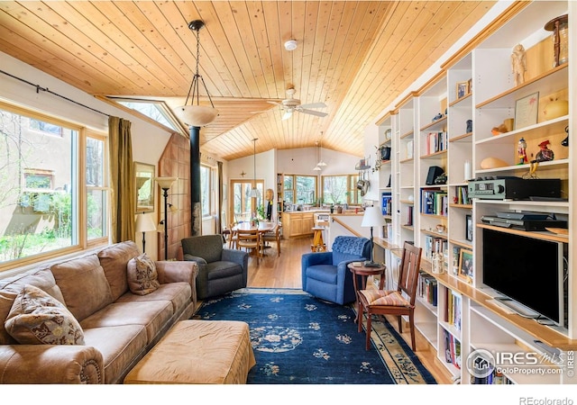 1800 Sumac Ave, Boulder, CO 80304 - living room featuring a ceiling fan, wooden ceiling, wood finished floors, and lofted ceiling
