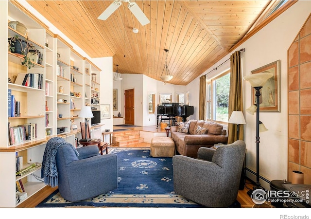 1800 Sumac Ave, Boulder, CO 80304 - living area with ceiling fan, baseboard heating, wooden ceiling, wood finished floors, and lofted ceiling