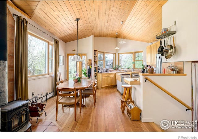 1800 Sumac Ave, Boulder, CO 80304 - dining room with vaulted ceiling, wooden ceiling, a wood stove, and light wood-style flooring