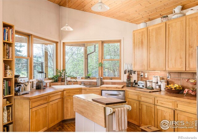 1800 Sumac Ave, Boulder, CO 80304 - kitchen featuring a sink, wood ceiling, tasteful backsplash, and a healthy amount of sunlight
