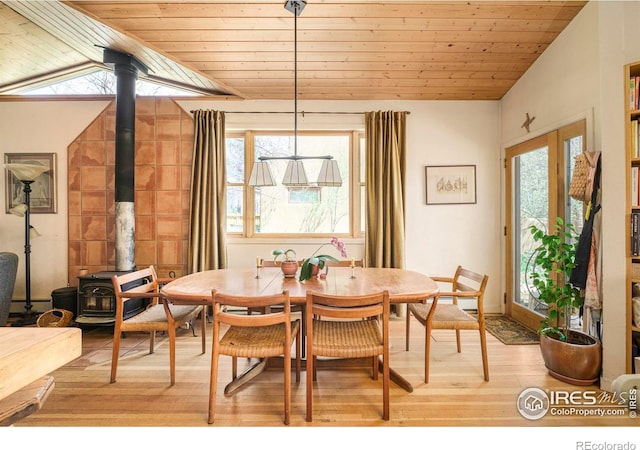 1800 Sumac Ave, Boulder, CO 80304 - dining room with wooden ceiling, a wood stove, light wood-style flooring, and lofted ceiling