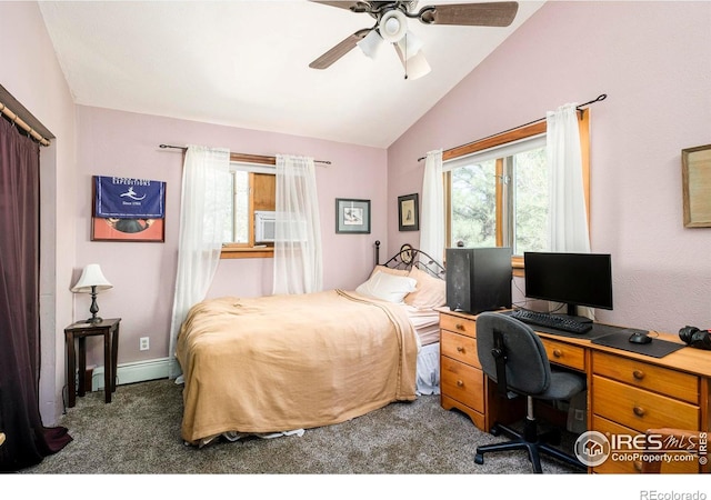1800 Sumac Ave, Boulder, CO 80304 - carpeted bedroom featuring vaulted ceiling, baseboards, ceiling fan, and a baseboard heating unit