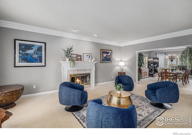 living area featuring crown molding and carpet floors