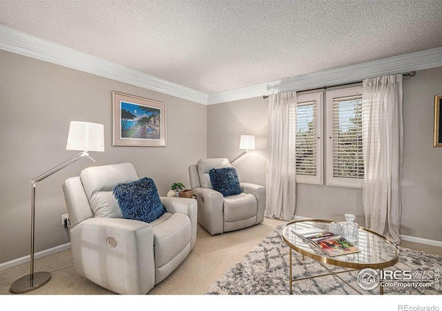 living area featuring crown molding, carpet floors, baseboards, and a textured ceiling