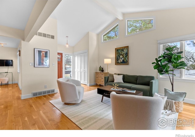 living area featuring visible vents, light wood-type flooring, beam ceiling, high vaulted ceiling, and baseboards