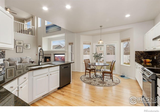 kitchen featuring light wood-type flooring, dishwasher, a sink, a warm lit fireplace, and stainless steel electric stove