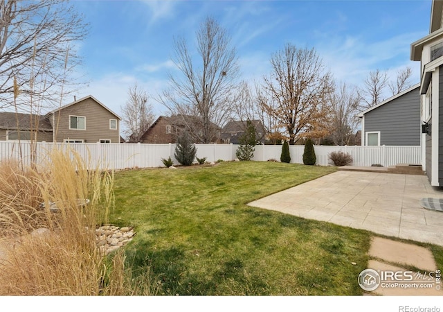 view of yard with a fenced backyard and a patio area