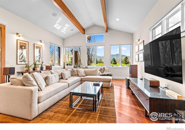 1533 Old Tale Rd, Boulder, CO 80303 - living room featuring high vaulted ceiling, plenty of natural light, beamed ceiling, and wood finished floors