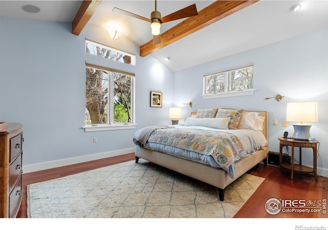 1533 Old Tale Rd, Boulder, CO 80303 - bedroom with ceiling fan, baseboards, lofted ceiling with beams, and wood finished floors