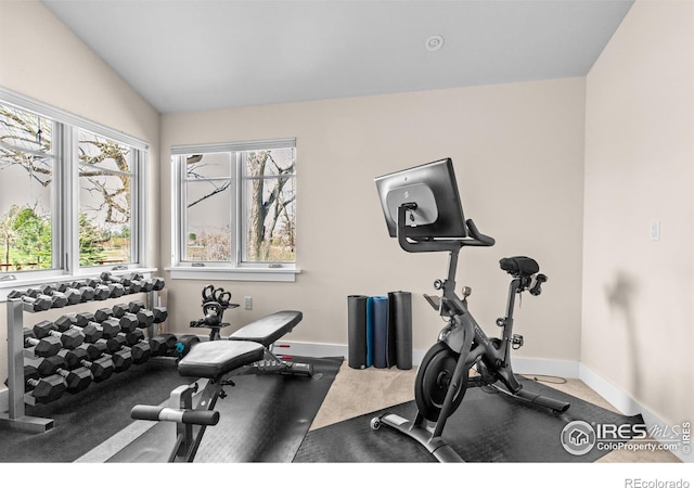 1533 Old Tale Rd, Boulder, CO 80303 - workout area with baseboards, carpet, and vaulted ceiling