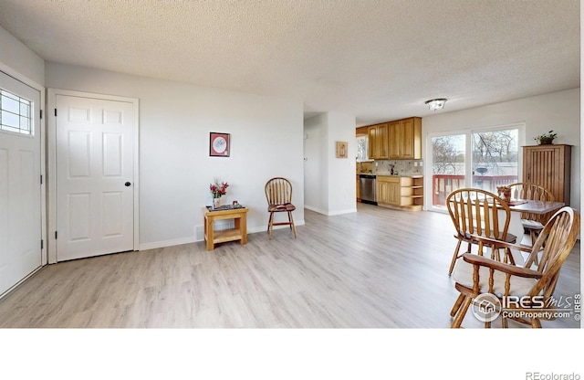 interior space featuring a textured ceiling, baseboards, and light wood finished floors