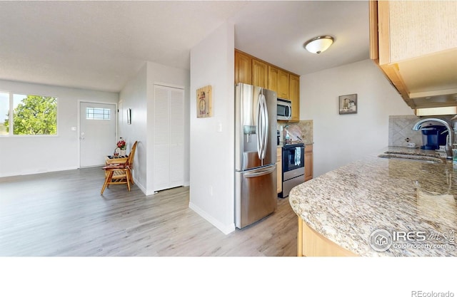kitchen featuring light wood-type flooring, a sink, appliances with stainless steel finishes, and tasteful backsplash