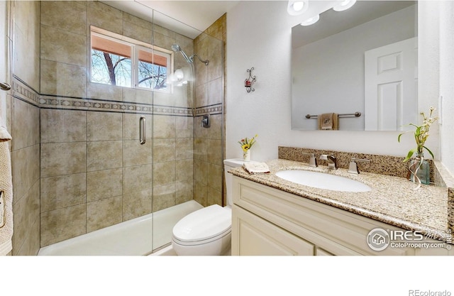bathroom featuring toilet, a shower stall, and vanity