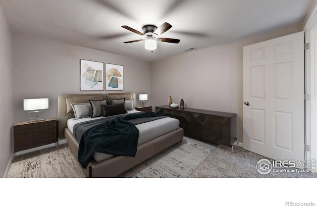 bedroom featuring visible vents, a ceiling fan, baseboards, and carpet floors