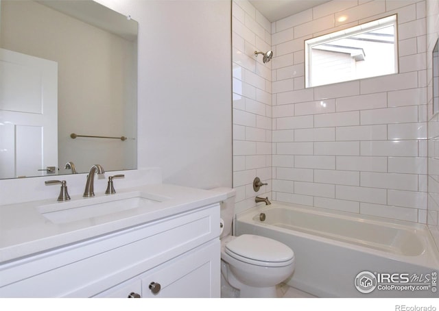 full bathroom featuring toilet, shower / bathtub combination, and vanity