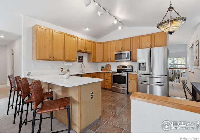 kitchen with appliances with stainless steel finishes, a kitchen breakfast bar, rail lighting, a peninsula, and vaulted ceiling