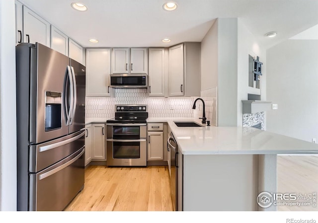 kitchen with a peninsula, light wood-style floors, gray cabinets, a sink, and stainless steel appliances