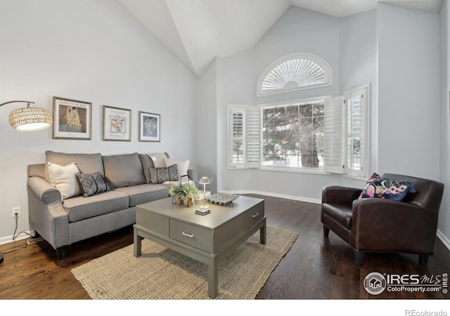 living room featuring a healthy amount of sunlight, high vaulted ceiling, and baseboards