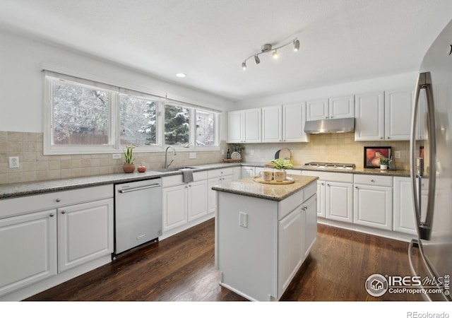 kitchen with a sink, a center island, stainless steel appliances, white cabinetry, and under cabinet range hood