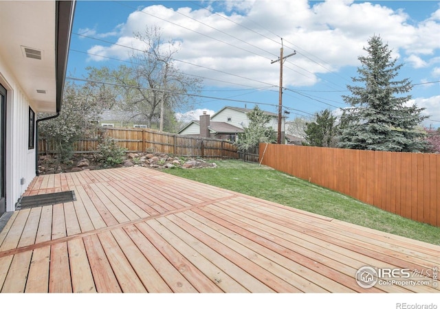 wooden terrace featuring a fenced backyard, a lawn, and visible vents