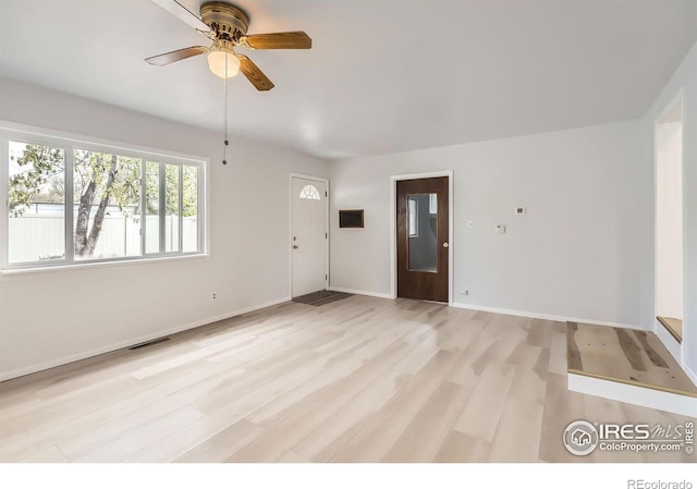 214 2nd St, Frederick, CO 80530 - unfurnished living room with light wood finished floors, visible vents, baseboards, and a ceiling fan