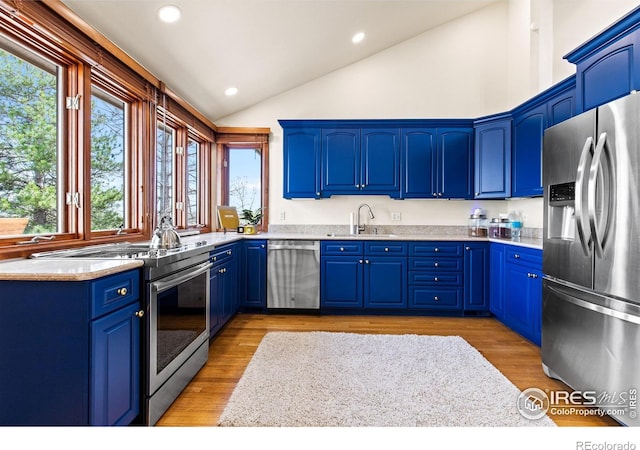 2499 Powderhorn Ln, Boulder, CO 80305 - kitchen featuring a sink, stainless steel appliances, a wealth of natural light, lofted ceiling, and blue cabinets