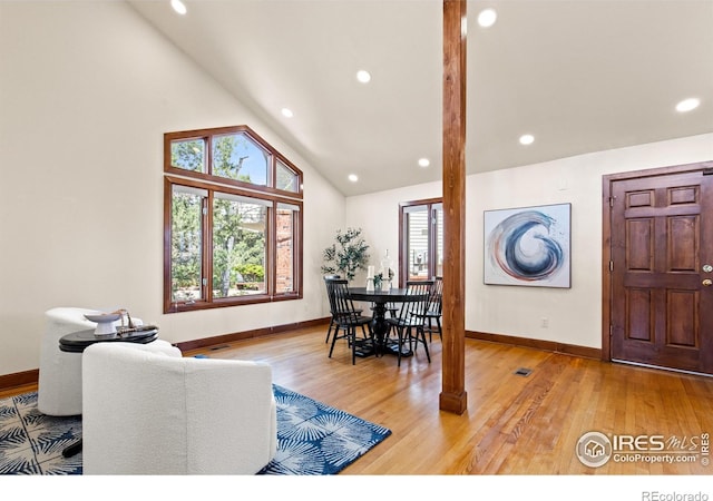 2499 Powderhorn Ln, Boulder, CO 80305 - interior space with light wood-style floors, recessed lighting, baseboards, and high vaulted ceiling