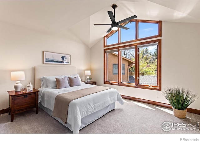 2499 Powderhorn Ln, Boulder, CO 80305 - carpeted bedroom with baseboards, a ceiling fan, and vaulted ceiling