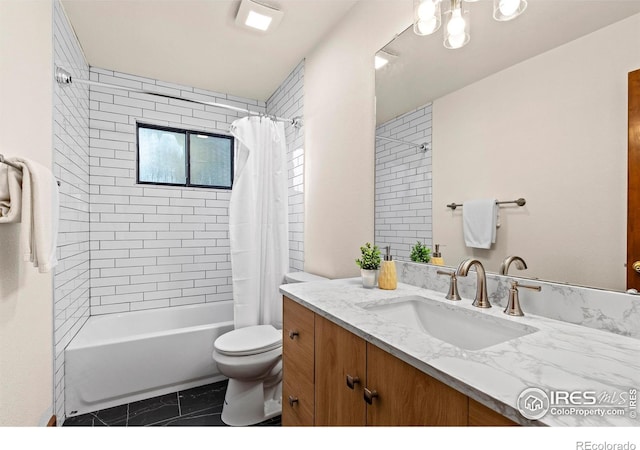 2499 Powderhorn Ln, Boulder, CO 80305 - full bathroom featuring vanity, marble finish floor, toilet, and shower / bath combination with curtain