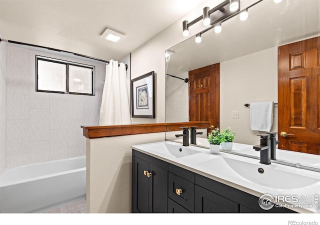 2499 Powderhorn Ln, Boulder, CO 80305 - full bathroom featuring a sink, double vanity, and shower / tub combo with curtain