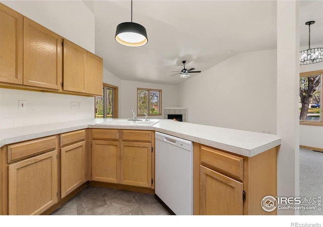 718 Brookhaven Ct, Fort Collins, CO 80525 - kitchen featuring a peninsula, ceiling fan, a sink, dishwasher, and vaulted ceiling