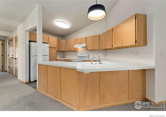 718 Brookhaven Ct, Fort Collins, CO 80525 - kitchen featuring a sink, carpet floors, a peninsula, under cabinet range hood, and white appliances
